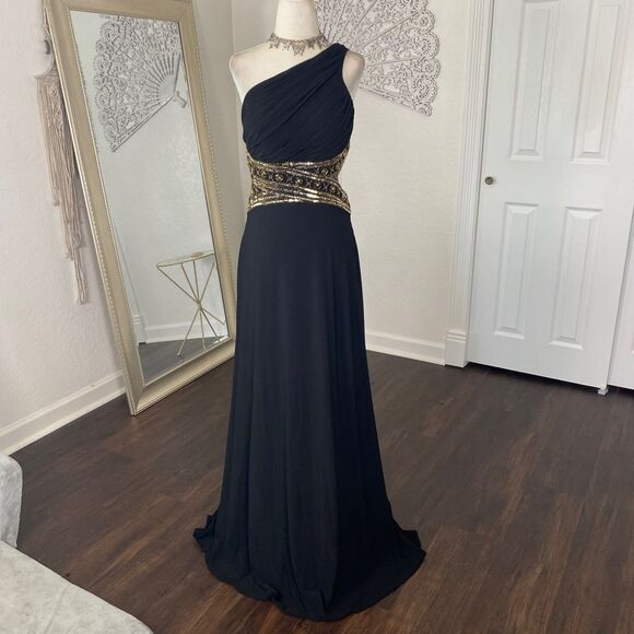 Betsy & Adam Black One Shoulder Dress with Gold Accents - Picture 9 of 9